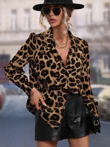 Plus-Size Women's Blouse, Clasi Leopard Print Puff Sleeve Shirt, Long-Sleeved Top, Simple And Versatile For Spring, Summer And Autumn, Suitable For Commuting, Dates And Casual Wear. - Brown - View 1
