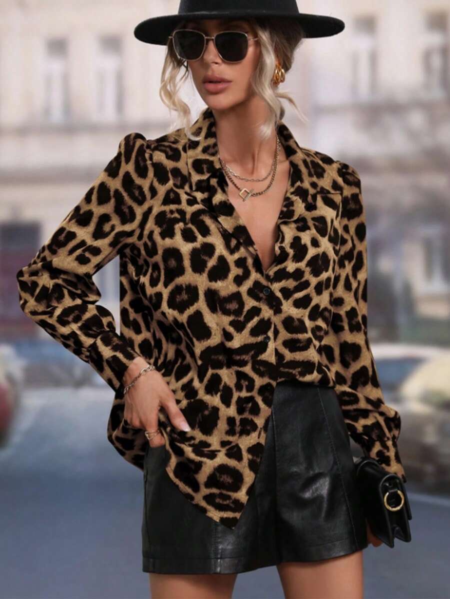 Plus-Size Women's Blouse, Clasi Leopard Print Puff Sleeve Shirt, Long-Sleeved Top, Simple And Versatile For Spring, Summer And Autumn, Suitable For Commuting, Dates And Casual Wear. - Brown - View 1