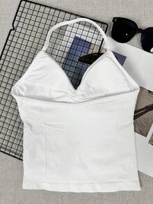 女士瑜伽运动文胸无袖露脐运动上衣，弹力健身透气背心 - 白色 - 查看 4