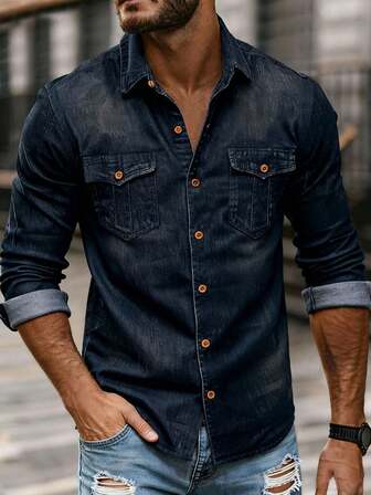 Erkek Günlük Basic Çift Cepli Düğmeli Yaka Uzun Kollu Gömlek
