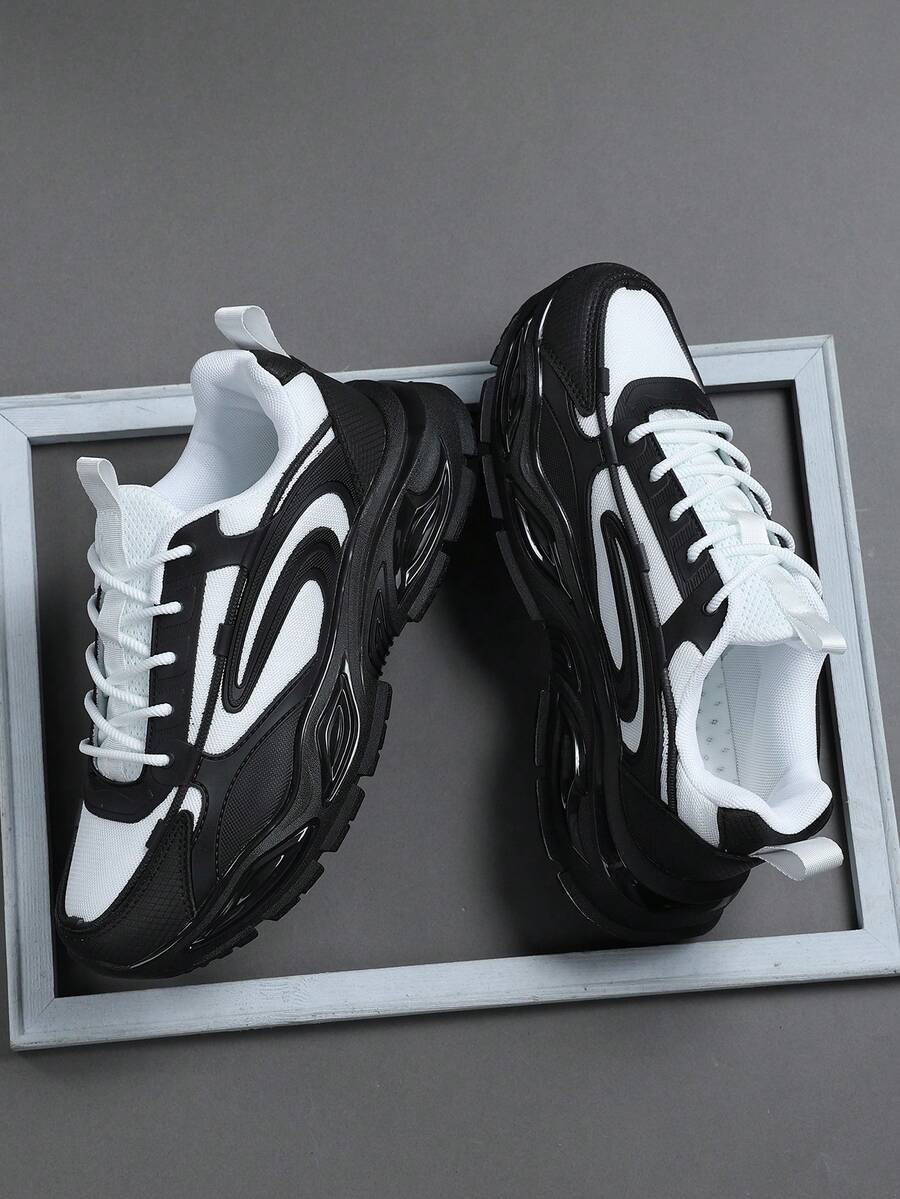 时尚休闲男鞋，经典时尚男士运动鞋系带跑步鞋，个性化男士运动鞋街头休闲鞋 - 黑與白 - 查看 1