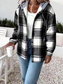 Women's Plaid Hooded Sherpa-Lined Jacket - Multiple Colors, Loose Fit, Long Sleeve, Button Front, Fall/Winter Outerwear | Minimalist Stylish Ladies' Outdoor & Home Jacket, Suitable For Teens & Adults - 黑色 - 查看 4