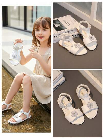 1 Pair White Soft Leather Toddler/Little Girls' Flat Sandals With Stitching, Rhinestone Buckle, Sakura Decor, Hook And Loop Strap, Round Toe, Non-Slip Soft Sole, Fashion Princess Style Beach/Casual Wear, Suitable For 3-15 Years Old Students, Spring/Summer 2026