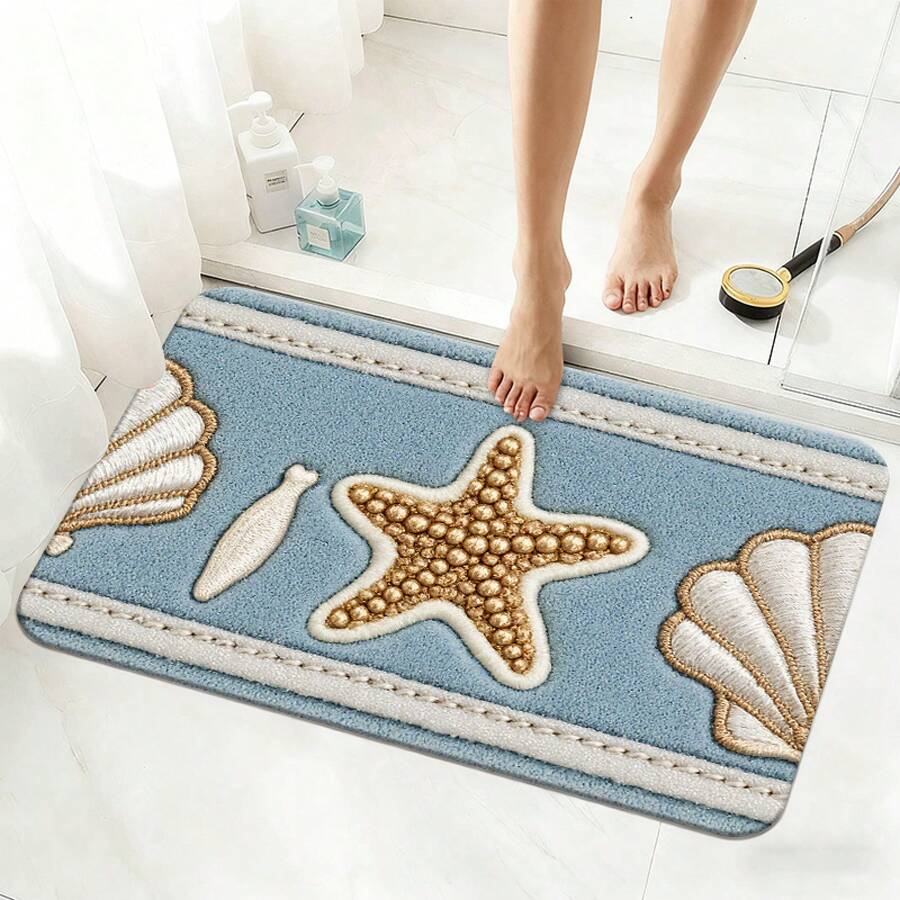 1Pc,Seashells & Starfish, Nautical Decor Diatomaceous Earth Floor Mat, Highly Absorbent Diatom Mud Mat For Bedroom, Bathroom, Kitchen, Living Room - 彩色 - 查看 1