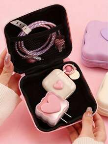 Pink Portable Electronic Organizer Case (Compatible With IPhone 15W Charger, 14 13 Pro Max), For Cables, Chargers, USB Drives - Zipper Closure, Travel-Friendly Accessory Pouch, Travel Essentials, School Supplies, Christmas & Valentine's Day Gift For College Students - Multicolor - View 4