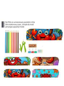 A Cylindrical Pencil Case With A Cartoon Crab And Underwater Pattern, Featuring A Unique Design. This Student Stationery Storage Bag Is Available In Various Types And Is Perfect For Organizing School Supplies On A Desk. - Multicolor - View 1
