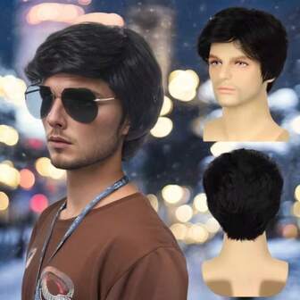 European And American Style Men's Short Wig With Side Part, Natural Fluffy Short Hair Business Wig, Black Short Business Wig For Men, Natural Full Head Wig Replacement For Daily Wear And Occasions