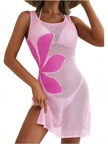 2026 Women's Summer Vacation Swimsuit Cover Up Crochet Beach Floral Hollow Out Slit Bathing Suit Sleeveless Cover Up Dresses - 粉色 - 查看 11