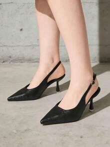 Women's French One-Buckle Strap Pointed Toe Backless High Heel Pumps, Black, Fashion Versatile Commuter Shoes, Suitable For Dresses, Spring/Summer - Black - View 2