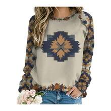 - Sudaderas occidentales para mujer, estilo clsico azteca, estampado tnico, camisa de manga larga  con cuello redondo - Amarillo y azul + M - Ver 3