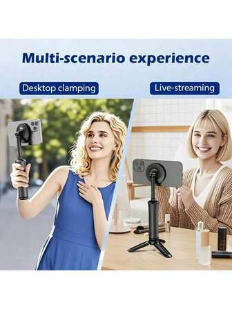Trípode magnético móvil - Un soporte de escritorio/viaje liviano y portátil con una base desmontable, clip para asa de equipaje/escritorio, rotación de 360°, equipado con una placa base de metal, compatible con teléfonos inteligentes, soporte móvil universal portátil plegable de viaje con rotación de 360° y base magnética