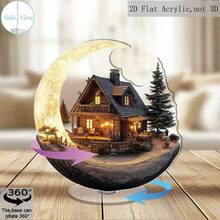 2D Acrylic Rotating Desktop Decoration, Western Cowboy Scene With Moon, Wooden House And Pine Trees