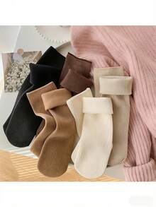 5 pares de calcetines de media caña cálidos para adultos, forrados con material térmico grueso, de unicolor, adecuados para botas de nieve, unisex (1/3/5 pares) - Multicolor - Ver 1