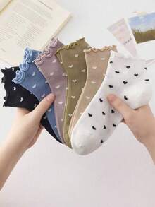 5双可爱爱心图案中筒袜，荷叶边设计，日韩风格，随机混色，春夏款 - 彩色 - 查看 2