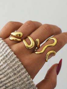 Frminee Bộ 3 nhẫn/1 chiếc nhẫn thép không gỉ mạ vàng dày dặn xếp chồng lên nhau dành cho nữ, nhẫn mạ vàng 18K kiểu dáng nổi bật, có dây đeo ngón tay. - Vàng - Xem 3