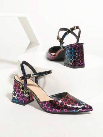 Nya flerfärgade geometriska mönster spetsig tå vintage modern rygglös grova högklackade damskor