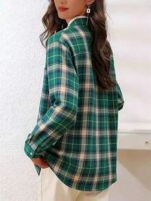 Women's Front Button Long Sleeve Pocket Plaid Casual Shirt Spring - Green - View 5