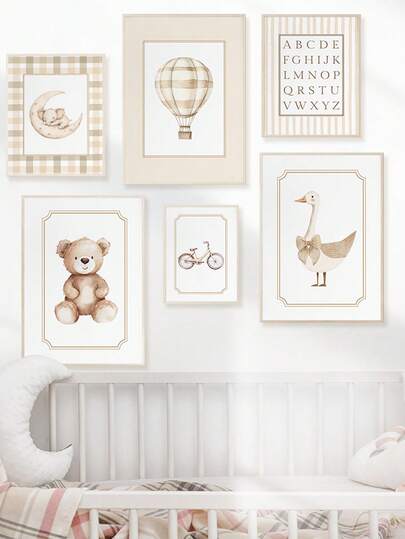 1pc Canvas Wall Art, Neutral Style Nursery Gallery Wall Decor Soft Beige Nursery Decor Teddy Bear Pattern Duckling Theme Vintage Travel-Style Alphabet Poster - Framed Nursery Wall Art Girl Nursery Wall Decor, Baby Girl, Baby Boy, Girl Bedroom Girl Nursery Wall Decorative Art, Baby Products Nursery Posters