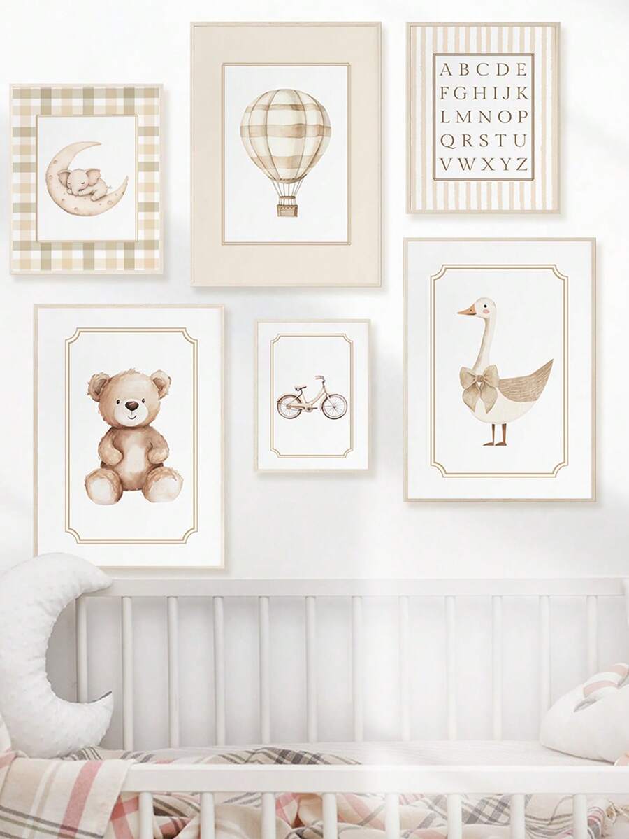 1 Stück Leinwandkunst, neutrale Stil Kinderzimmer Galerie Wanddekoration, sanftes beige Kinderzimmer Dekoration Teddybär Muster Entchen Thema Vintage Reise-Stil Buchstaben Poster - gerahmte Kinderzimmer Wandkunst, Mädchen Kinderzimmer Wanddekoration, Baby Mädchen, Baby Jungen, Mädchen Schlafzimmer Mädchen Kinderzimmer Dekorative Kunst, Baby Produkte Kinderzimmer Poster - Verschiedenfarbig - Übersicht 1