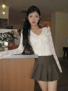 Women's Ruffle V-Neck Bell Sleeve Blouse, Stylish For Early Autumn - White - View 3