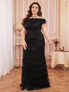 UNITHORSE Đầm cocktail trễ vai tay ngắn, thắt eo, đính sequin, thích hợp cho tiệc cưới mùa xuân, màu đen. - màu đen - Xem 3