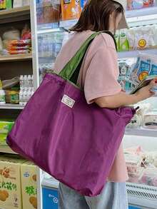 Large Capacity Reusable Drawstring Gym Bag Handbag, Portable Foldable Washable Shopping Bag, Solid Color Lightweight Women's Tote Shoulder Bags Grocery Bag - 墨綠色 - 查看 8
