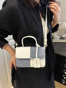 Sac à main patchwork à carreaux à la mode, sac à bandoulière, sac bandoulière pour femmes, convient pour le quotidien, le travail, les sorties décontractées, les trajets (pendentif amovible) - Bleu azur - Voir 11