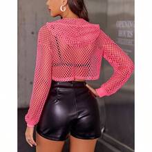 - playera de malla con capucha para mujer, manga larga, con red para festivales, discotecas, fiestas - XL + Rosado - Ver 6