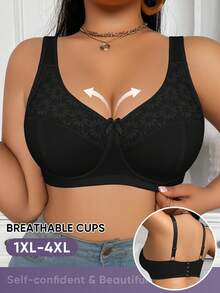 MEIYATING Reggiseno imbottito sexy, taglie forti, in pizzo floreale con patchwork, colore unito, con spalline regolabili, morbido e confortevole per uso quotidiano - nero - Visualizzare 4