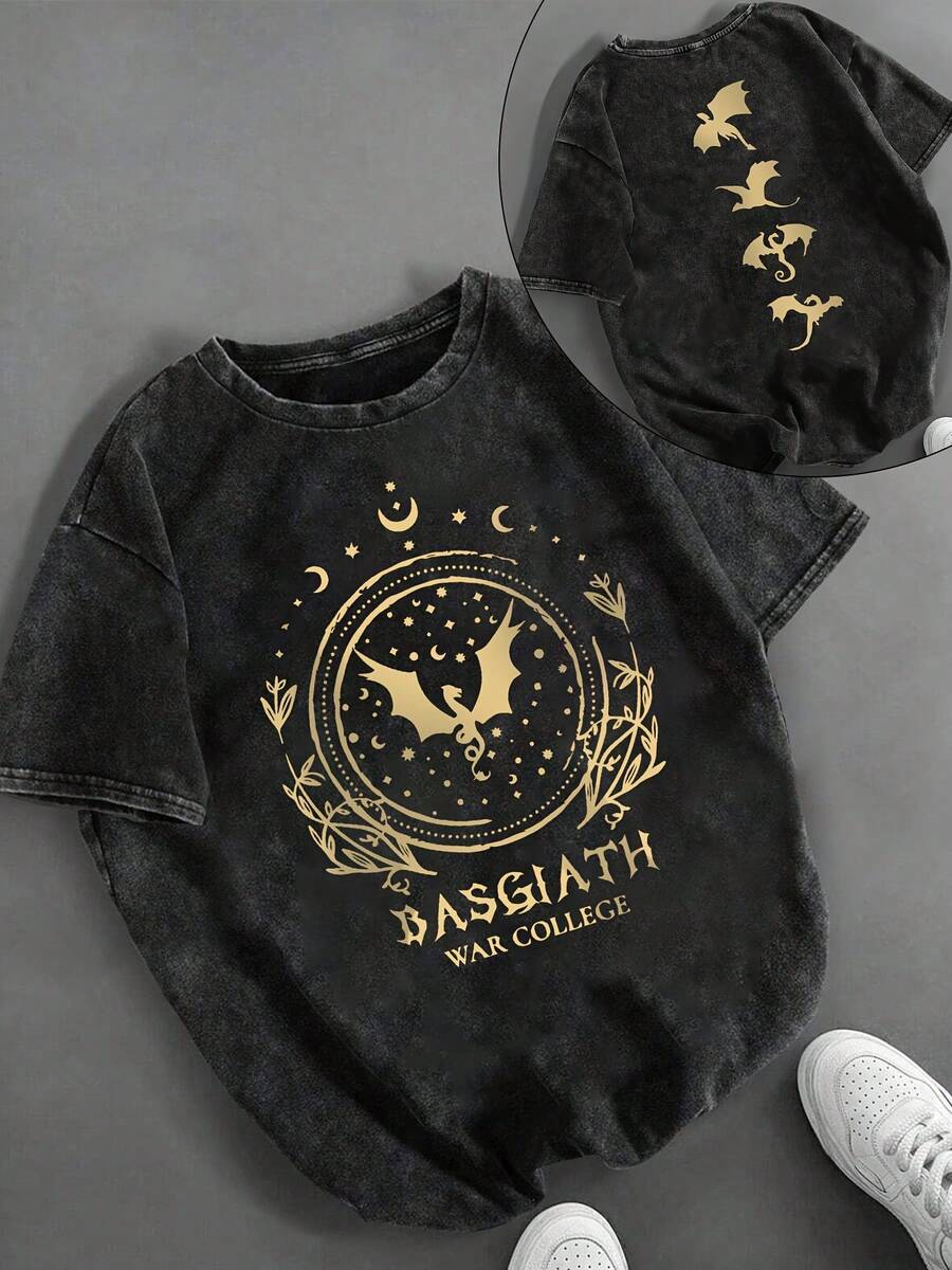 Women's Fun Basgiath War College Vintage Washed T-Shirt Fourth Wing Cartoon Letter Pattern Printed Street, Korean Version Comfortable Retro Fashion Commuting Versatile Y2k Women's Clothing, Conventional Niche Punk Style Black Fitted Round-Neck Short-Sleeved Washed T-Shirt The Washable Retro Series Of Comfortable Pure Cotton T-Shirts Make It Easy To Create Retro Casual Wear. They Are Suitable For Daily Commuting, Leisure Outings, And Daily Outfits. Classic And Retro Style Women's Clothing - màu đen - Xem 1