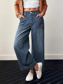Jean large en denim pour femme, coupe à la mode, avec poches pratiques, longueur longue et braguette boutonnée classique, idéal pour un look décontracté. - Jean brut - Voir 5