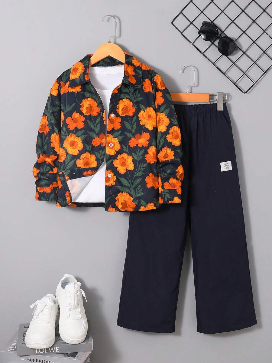 2pcs Kids Boys Retro Fashion Collar Print Long Sleeve Top And Pants Set, Casual Comfortable Spring/Autumn Outfit - Multicolor - View 1