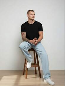 Men's Regular Fit Wide Leg Jeans - Light Blue - Vaqueros azul claro - Ver 3