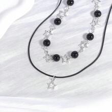 2件套镂空星星项链，时尚简约黑色串珠颈链（珠子数量随机） - 黑色 - 查看 4
