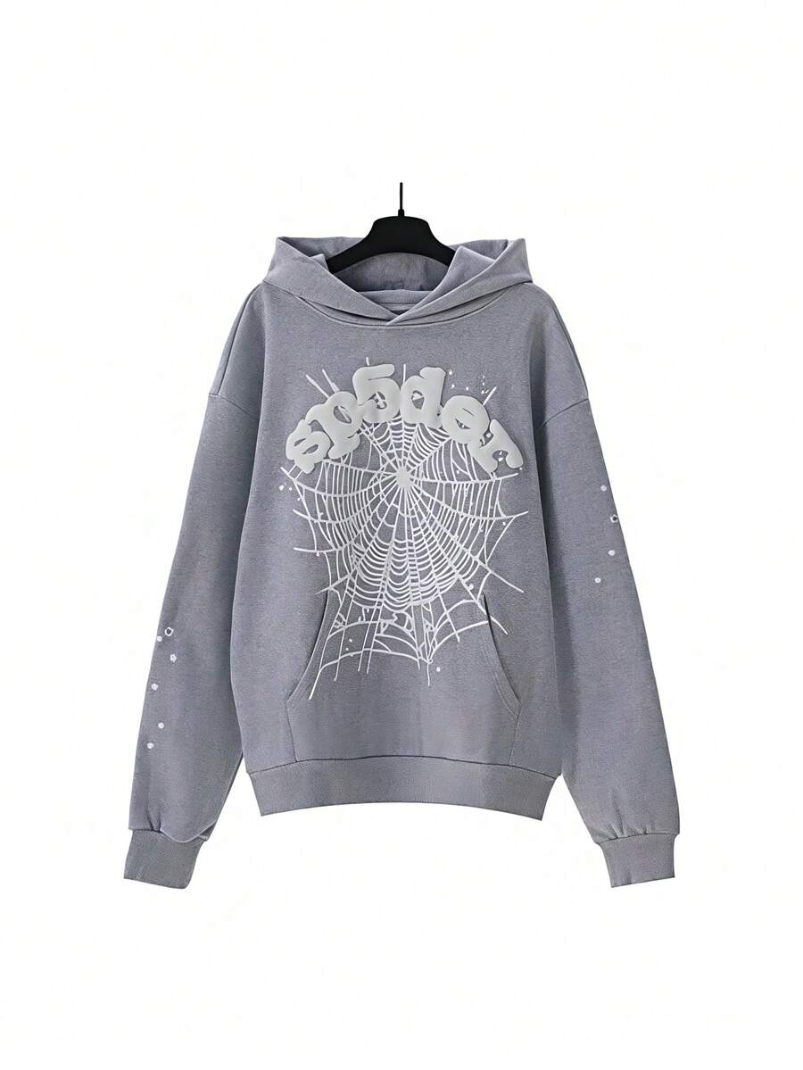 Autumn/Winter Clothing: Street-Style Hip-Hop Style Foam Spider Web Hooded Sweatshirt, Fashionable Sporty Hoodie. - 灰色 - 查看 1
