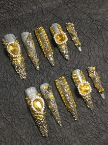 10 piezas de 5,5 cm de armadura de mano pura prensada, usando plata fina como color base, joyería de uñas con grandes gotas de agua, diamantes cuadrados, diamantes rotos, el diseño general está lleno de belleza, adecuado para fiestas, manicura, kits gratuitos, reutilizable - Multicolor - Ver 3