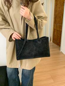 1 chiếc túi tote màu trơn Low Tea, túi đeo vai vuông kiểu vintage thời trang dành cho nữ, quai xách đôi phía trên, khóa kéo, thích hợp cho du lịch, mua sắm, hẹn hò, làm quà tặng cho nữ, tuyệt vời cho đi làm, hoạt động ngoài trời, du lịch, leo núi. - màu đen - Xem 4