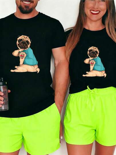 Regalo del Día de la Madre, camiseta divertida de perro Pug, tatuaje "Amo a mamá", camisetas gráficas para hombres, tops cortos, camisetas de pareja, atuendos artísticos para hombres