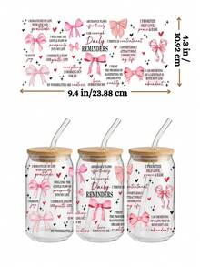 4 件装“妈妈与每日箴言”UV DTF 杯贴，适用于 16 盎司玻璃杯，粉色蝴蝶结兔子和趣味少女饮品转印贴纸，DIY 自爱贴纸（9.4x4.3 英寸） - Coquette02 - 查看 5