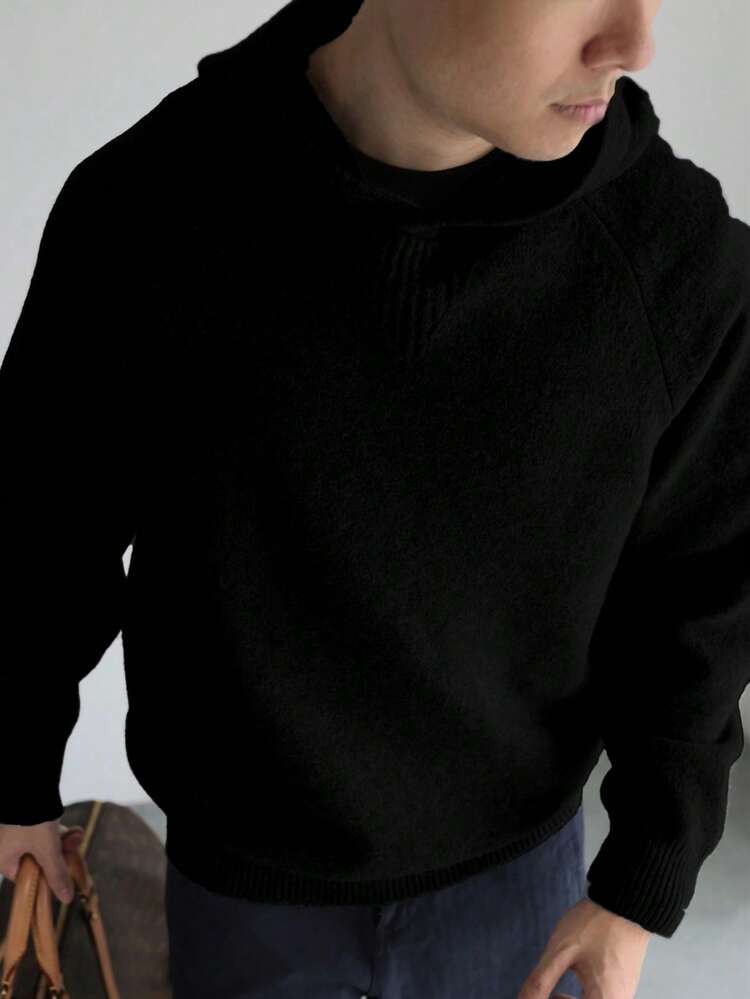 男士休闲宽松套头连帽衫，纯色，百搭，长袖，适合春、秋、冬季穿着 - 黑色 - 查看 4