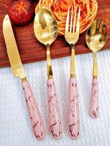 4pcs Golden Unique Stainless Steel Tableware, Old-Fashioned Silverware, Elegant Colorful Ceramic Handle Table Knife, Dessert Spoon, Fork And Spoon - Multi-Color Creative Tableware Porcelain, Perfect For Daily Dining And Holiday Gatherings