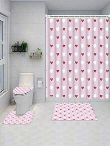 1/4pcs Valentine's Day Graffiti Heart Shaped Mother's Day Bathroom Curtain Set, Including Bathroom Carpet, U-Shaped Mat, Toilet Lid Cover, Waterproof Shower Curtain With 12 Hooks, Bathroom Decor, Romantic Red Pink White Printed Artistic Bathtub Decor