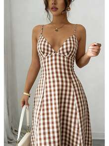 格纹双色休闲波西米亚风露背收腰/褶皱腰连衣裙，适合度假、晚宴约会、夏季派对等场合，优雅大方。 - 紅色 - 查看 6