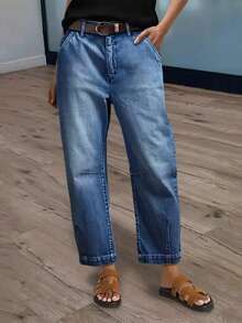 Women's Casual Elegant Light-Washed Tapered 7/8 Length Jeans With Pockets And Pleated Details, Medium Stretch Fabric - Dark Wash - View 1