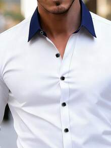 Men's Fashion Casual Top, Color Block Design, Business Formal Dress Long Sleeve Shirt - White - View 5