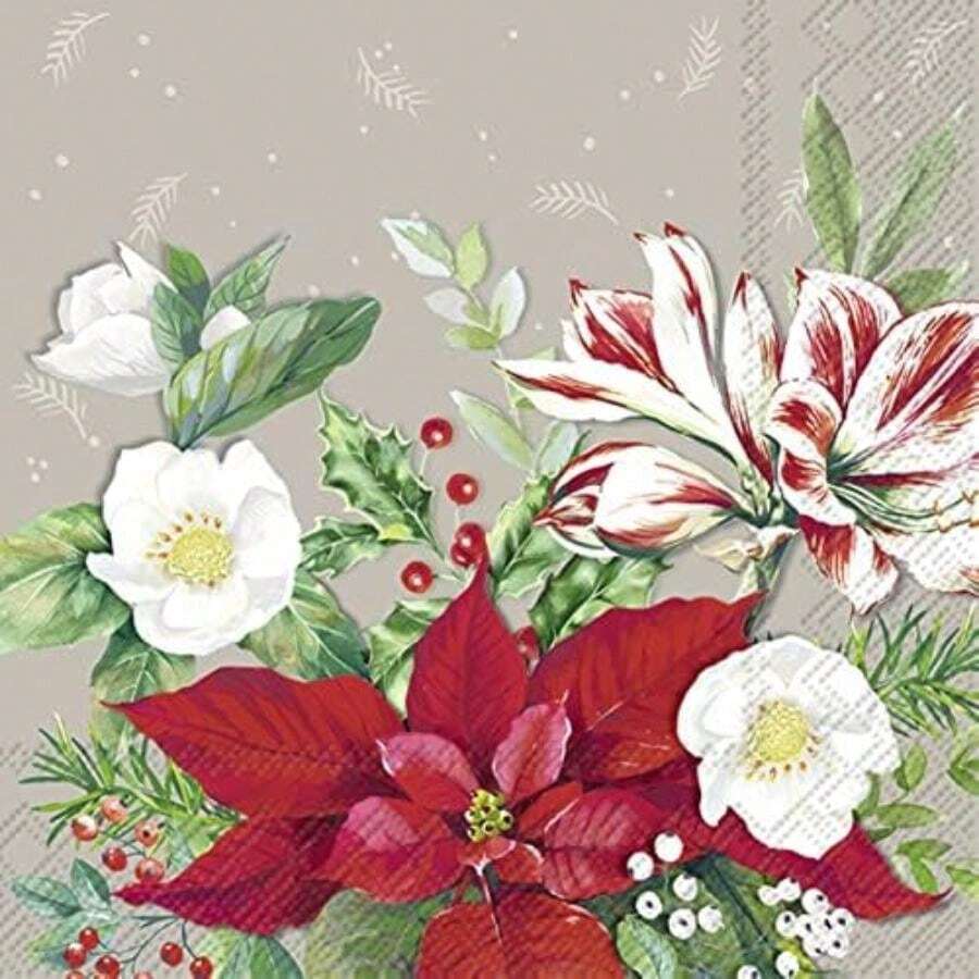 IHR Home Range Servilletas desechables de papel de 3 capas para bebidas, 5 x 5 pulgadas, árbol de Navidad de Papá Noel(12.70cm (5") x 12.70cm (5") Flores de Navidad gris) - Multicolor - Ver 1