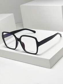 1pc Women's Casual Retro Square Large Frame Black Plain Glasses, Suitable For Daily Wear And Street Photography - Black - View 1