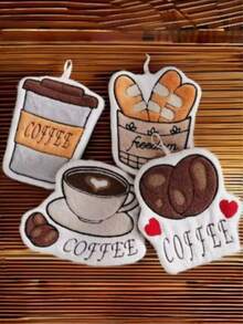 New Thickened Coral Fleece Embroidered Coffee Hand Towel, Cute Hand Towel For Kitchen And Bathroom