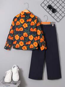 2pcs Kids Boys Retro Fashion Collar Print Long Sleeve Top And Pants Set, Casual Comfortable Spring/Autumn Outfit - Multicolor - View 2