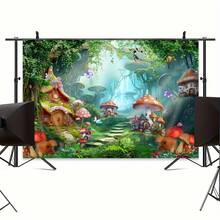 2D平面横幅，单件装，迷人背景，仙境花园森林蘑菇蝴蝶野花生日派对摄影背景横幅，涤纶材质，适用于生日、派对、庆祝活动、室内外花园派对装饰，多种尺寸可选 - 彩色 - 查看 8